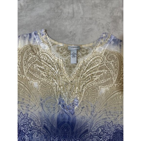 Women’s Catherines Blouse Paisley Navy Blue Tan Rhinestones Embroidered Neck 2X - Picture 4 of 12